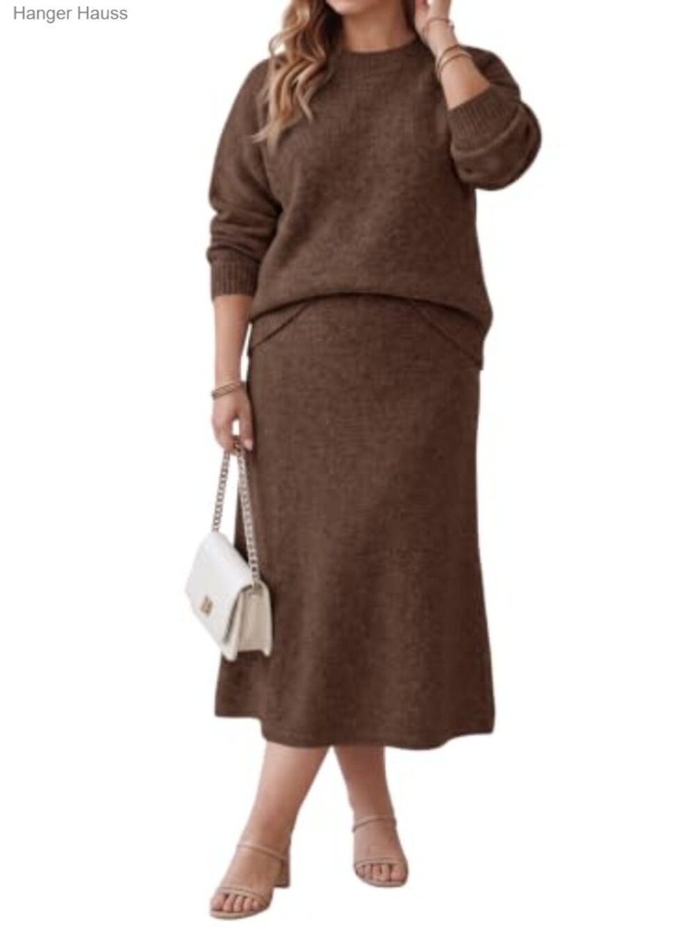 Womens Plus Size 2 Piece Sweater Skirt Set Knit Pullover Midi Skirt